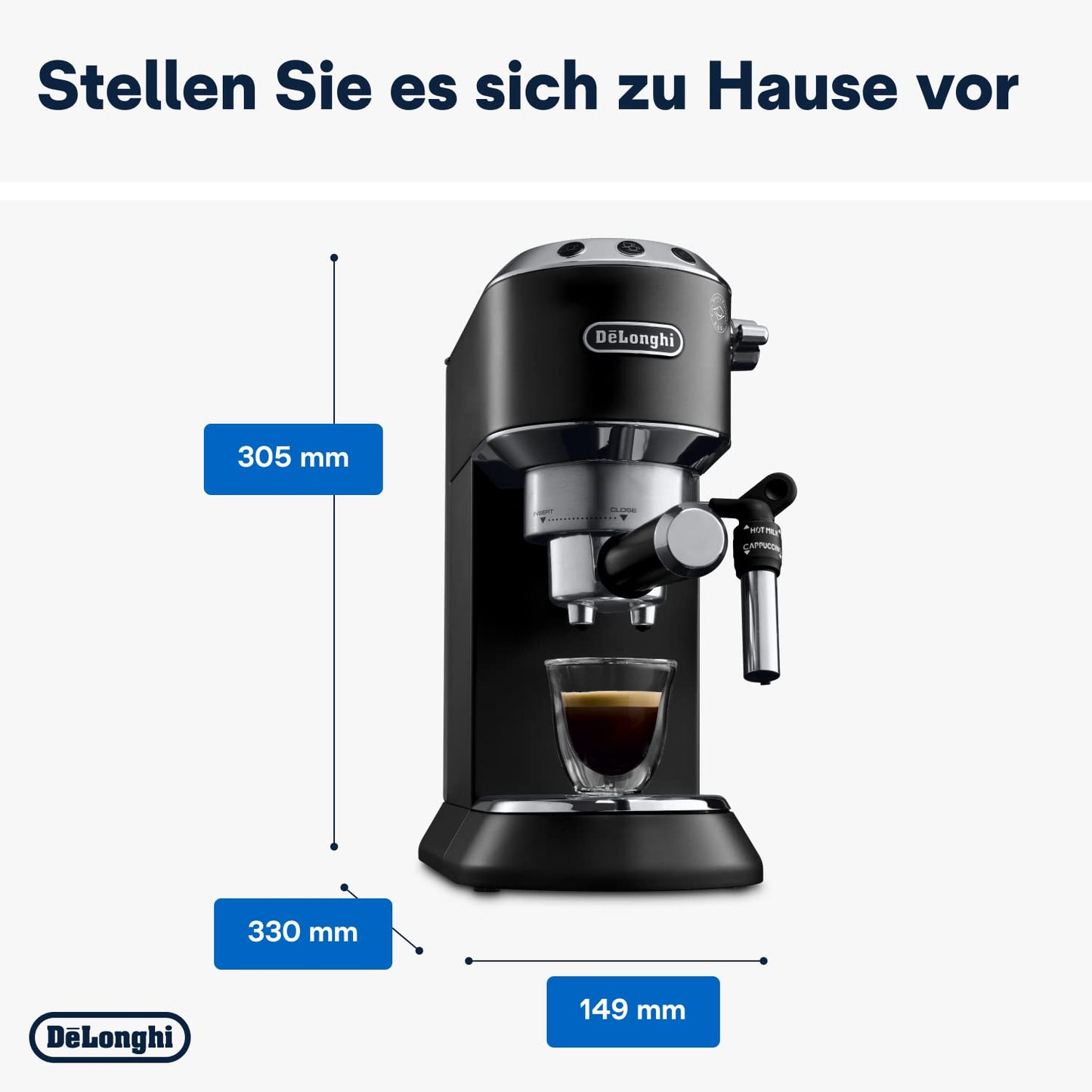 Espresso Siebträgermaschine mit Milchaufschäumer, 15 cm schmal, für Kaffeepulver & ESE Pads, 1 L Wassertank, Kompakte Espressomaschine Schwarz