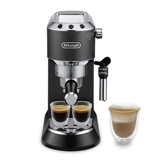 Espresso Siebträgermaschine mit Milchaufschäumer, 15 cm schmal, für Kaffeepulver & ESE Pads, 1 L Wassertank, Kompakte Espressomaschine Schwarz