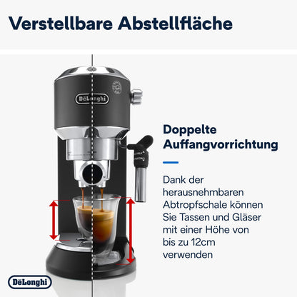 Espresso Siebträgermaschine mit Milchaufschäumer, 15 cm schmal, für Kaffeepulver & ESE Pads, 1 L Wassertank, Kompakte Espressomaschine Schwarz