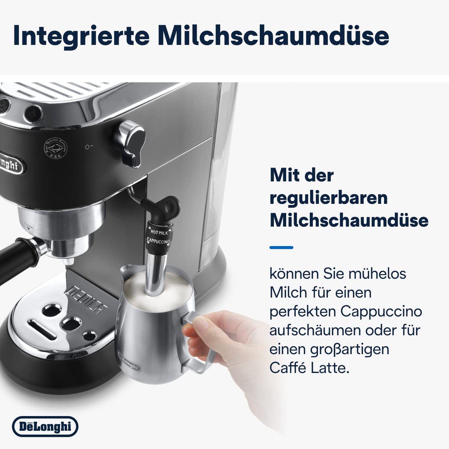 Espresso Siebträgermaschine mit Milchaufschäumer, 15 cm schmal, für Kaffeepulver & ESE Pads, 1 L Wassertank, Kompakte Espressomaschine Schwarz