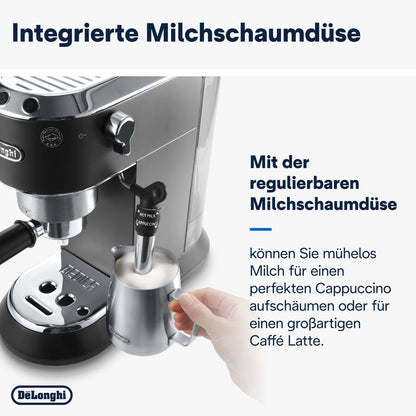 Espresso Siebträgermaschine mit Milchaufschäumer, 15 cm schmal, für Kaffeepulver & ESE Pads, 1 L Wassertank, Kompakte Espressomaschine Schwarz